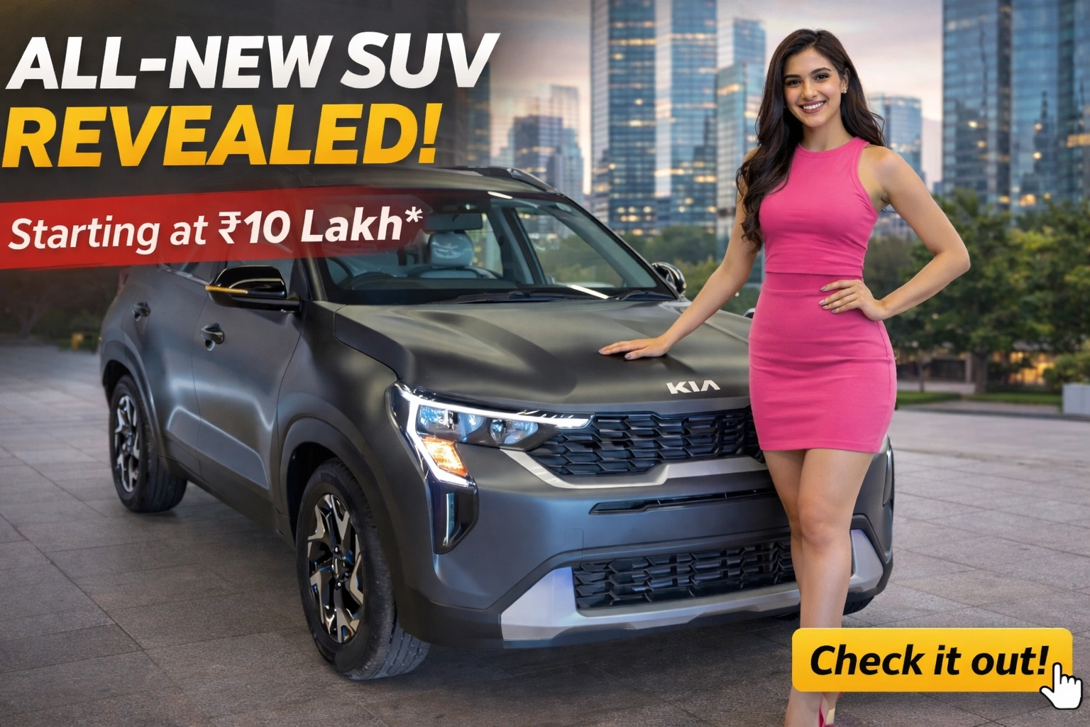 Kia Sonet 2026 new model front design with LED headlights in red color