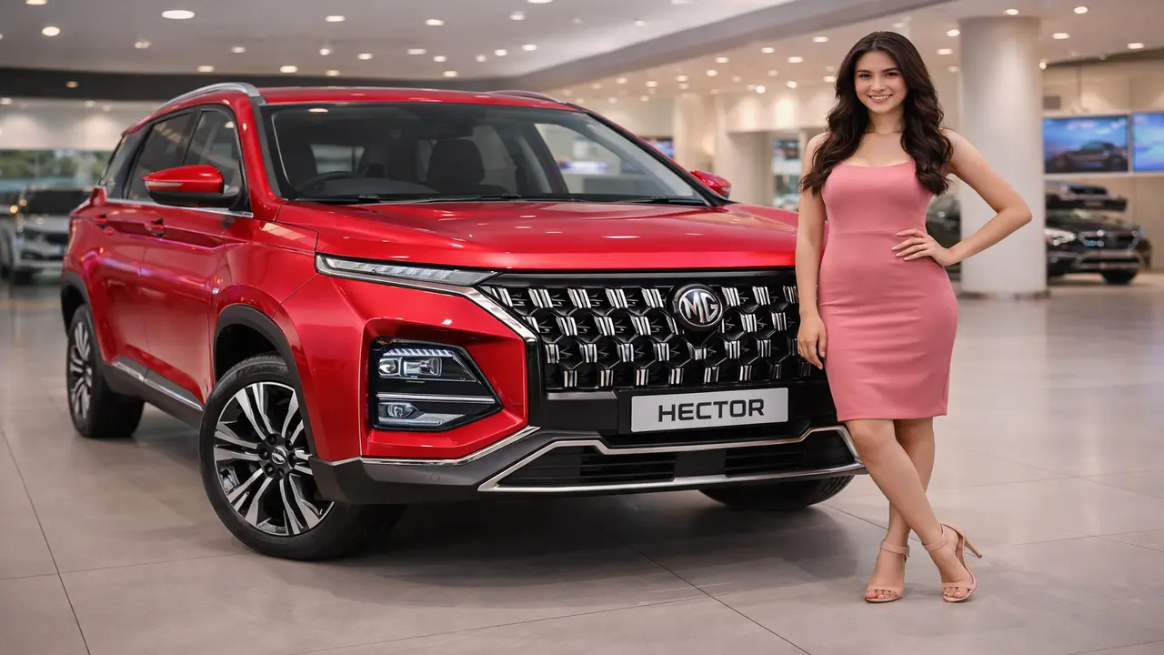 MG Hector Plus 2026 premium SUV front design with new grille and LED DRL in India