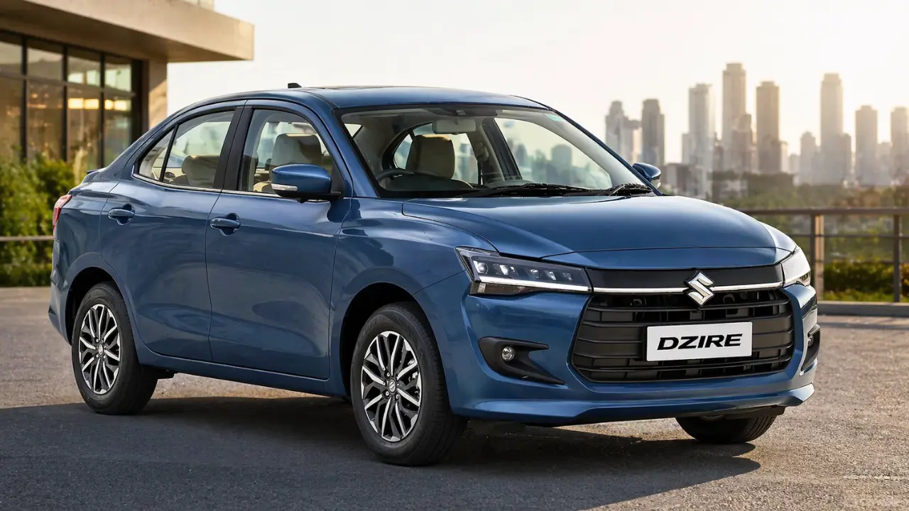 Maruti Suzuki Dzire 2026 front view exterior design with stylish grille and LED headlights