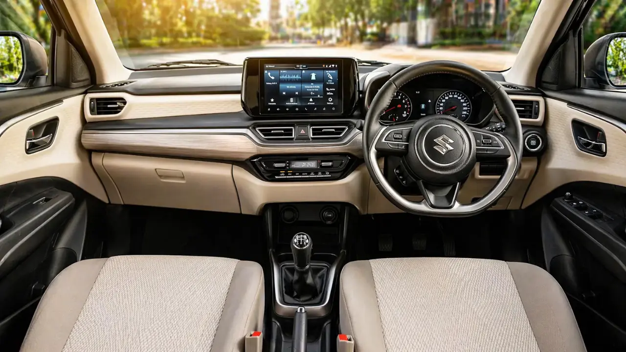 Maruti Suzuki Dzire 2026 interior dashboard with touchscreen infotainment and steering controls
