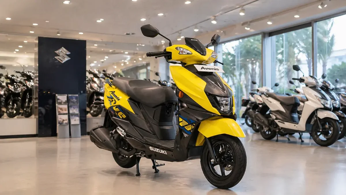 Suzuki Avenis Stylish Edition 2026 yellow scooter showroom view sporty design India