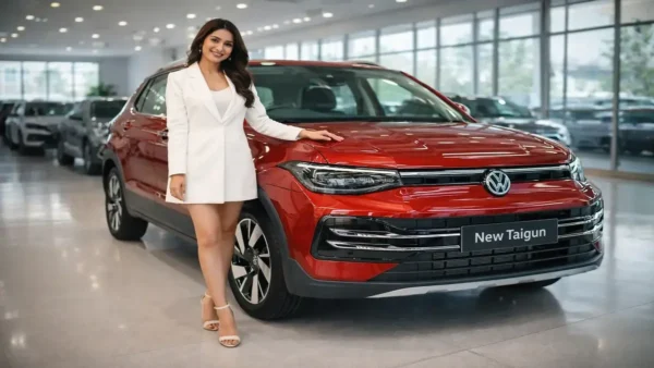 Volkswagen Taigun Facelift 2026 का नया front design और LED DRLs