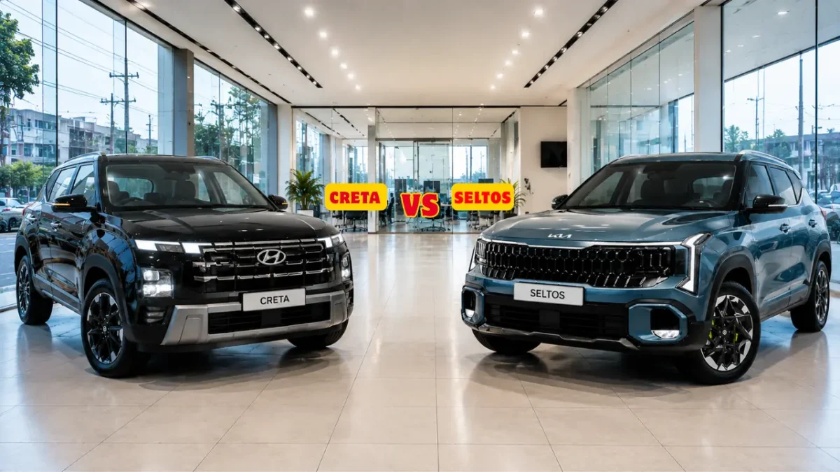Front design comparison of Kia Seltos 2026 and Hyundai Creta 2026 SUVs