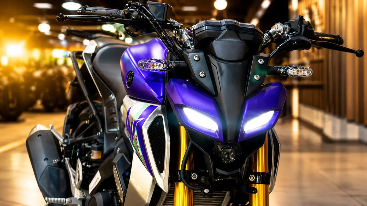 2026 Yamaha MT-15 V4 TFT front view with aggressive LED projector headlamp and DRLs