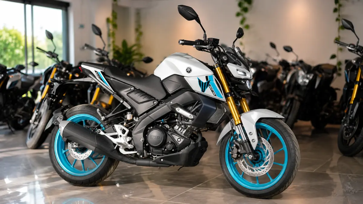 2026 Yamaha MT-15 V4 TFT white color bike with USD forks and blue alloy wheels side view